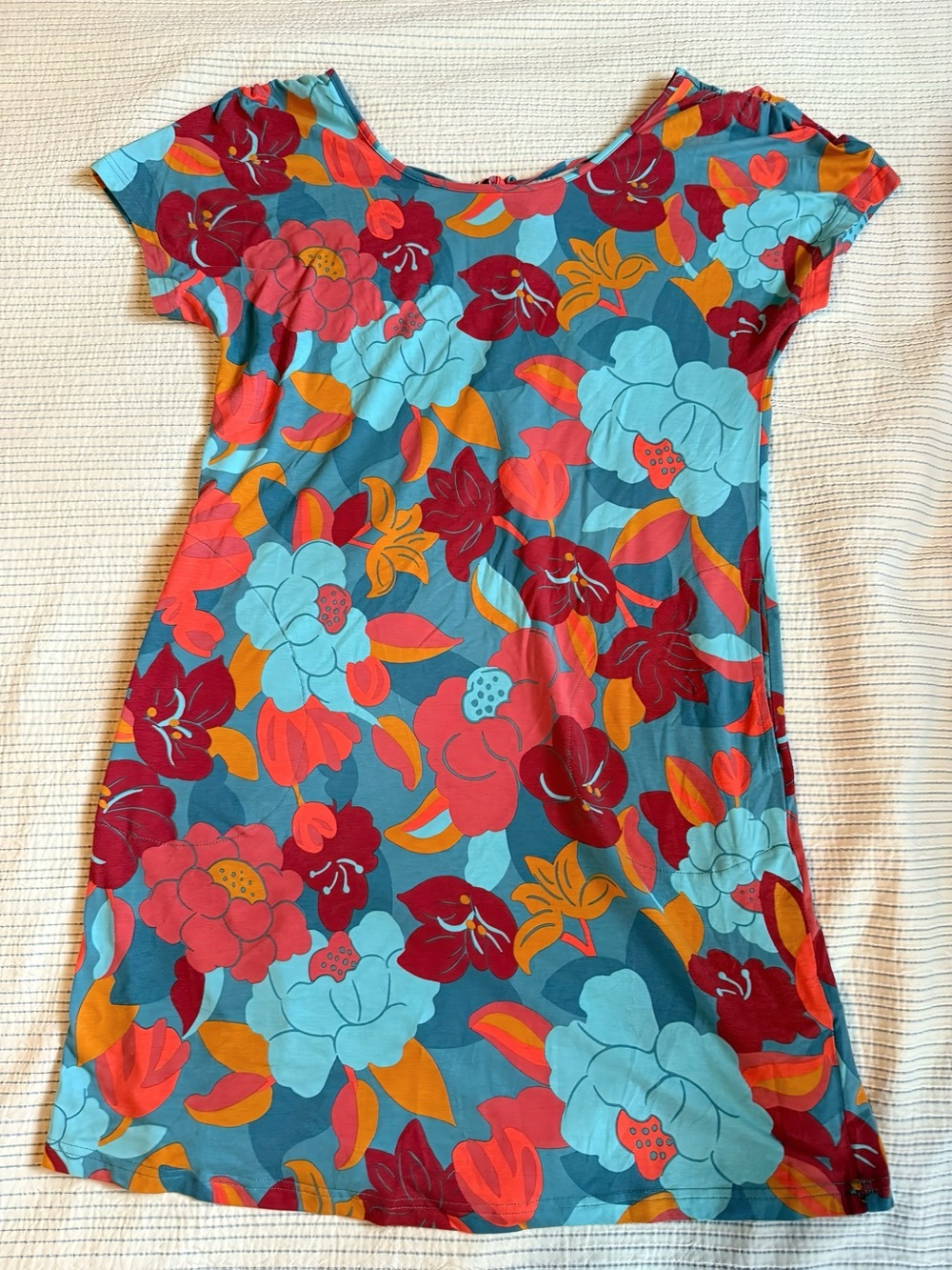 Floral Scoop-Neck Mini Dress in Teal & Coral